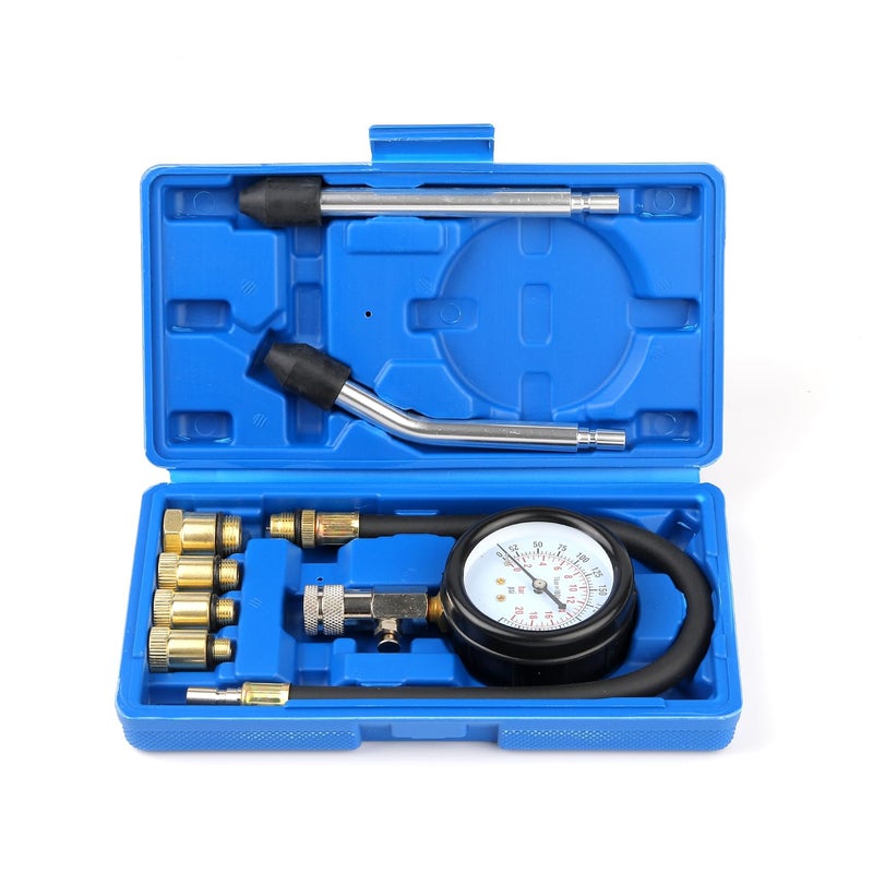 Gnhydxfe Compression Tester, 8pcs Engine Compression Tester kit Professional Petrol Gas Engine Cylinder Pressure Gauge 0-300 PSI Automotive Tool for Motorcycle Car Truck (Blue) - Image 1
